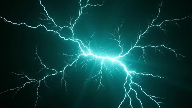 A bright turquoise lightning strike with many branches against a dark teal background