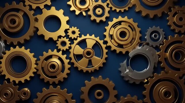 Golden gears and cogs intricately arranged on a deep blue background, showcasing mechanical precision