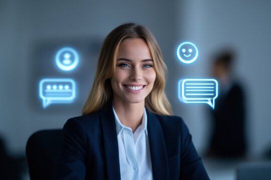 customer service support personalization. Professional woman smiling with digital communication icons around her.