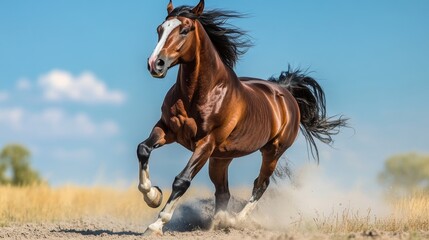 Obraz premium Majestic Chestnut Paint Horse Galloping Gracefully Through Lush Green Field Under Clear Blue Sky