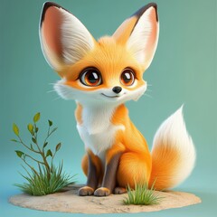 Playful and Adorable Cartoon Fox Character with Big Eyes and Fluffy Tail in Cute Woodland Setting