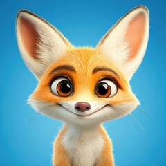 Cute Cartoon Fox with Bright Orange Fur and Big Brown Eyes Against a Blue Background