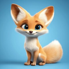 Cute Animated Fox Character with Large Ears and Playful Expression on Solid Blue Background
