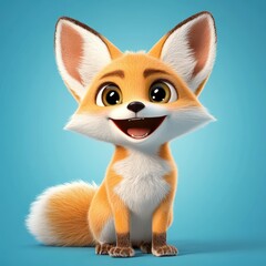 Cute and Playful Cartoon Fox with Bright Orange Fur and Large Ears on a Blue Background