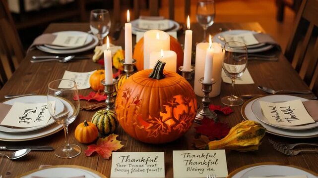 Thanksgiving table setting with pumpkin centerpiece and candles for a festive gathering
