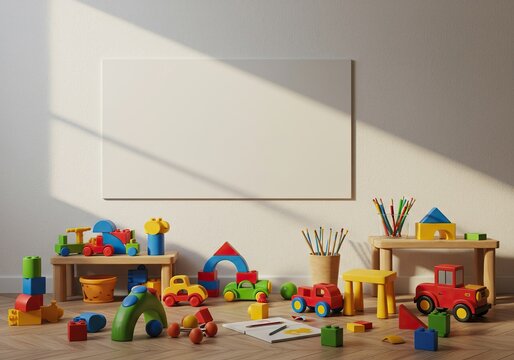 A brightly lit, colorful playroom brimming with diverse toys, blocks, and art supplies, capturing the essence of joyful childhood imagination and learning ,home ,indoor ,pretend play