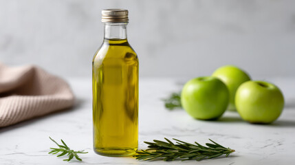 Elegant apple cider vinegar bottle with fresh green apples and herbs, showcasing artisanal fermentation and culinary trends in a stylish kitchen setting