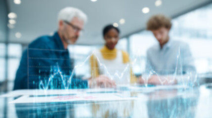 Diverse group of professionals collaborating in a modern office, analyzing data trends on a digital screen, showcasing teamwork and innovation