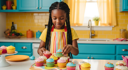 A young girl with cupcakes in a colorful kitchen setting indoors