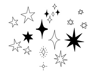 Stars vector icon set. Hand drawn stars. Black and white stars.