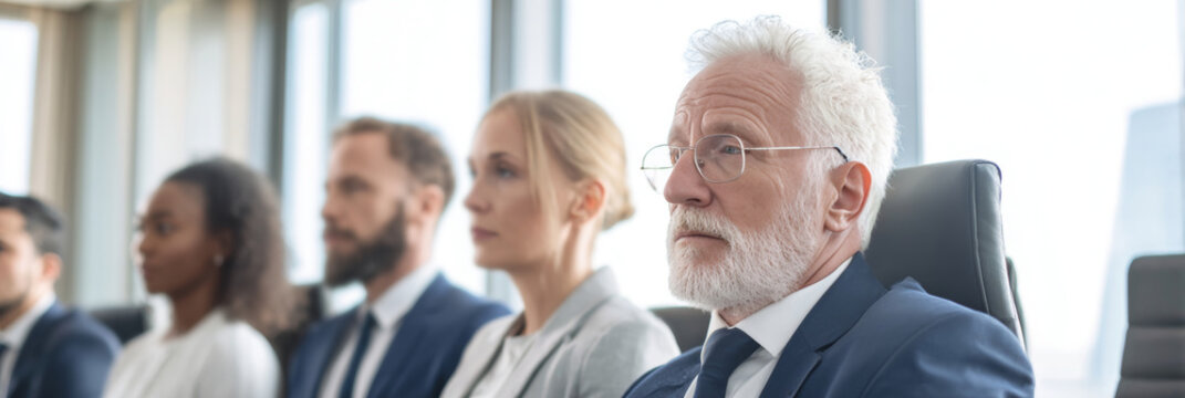 Executives seated in a modern boardroom meeting, showcasing diverse professionals engaged in strategic discussion and collaboration