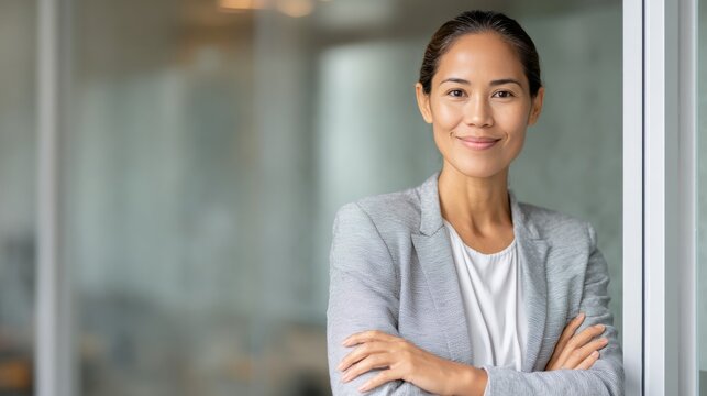 Confident Latinx woman in soft grey business attire stands with arms crossed in modern office, embodying professionalism and corporate diversity