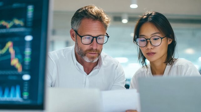 Asian woman and white man collaborating on business analysis in a modern office, showcasing teamwork and professional engagement in a corporate environment - Powered by Adobe
