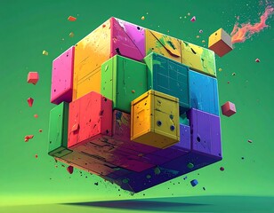 A vibrant, multi-colored cube of smaller blocks floats against a green backdrop