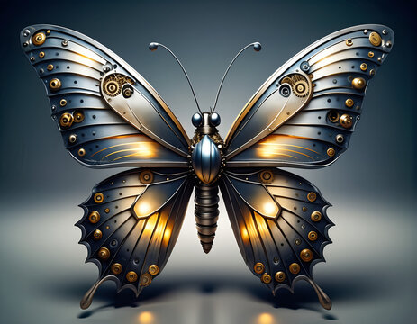 A stunning steampunk butterfly crafted from intricate metal gears and plates, glowing with an inner light.