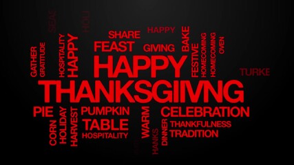 Happy Thanksgiving concept Animated Tag Word Cloud kinetic typography, Text Design Animation typography seamless loop video motion graphics Intro, Word Art Looping 4k red type on black bg backdrop