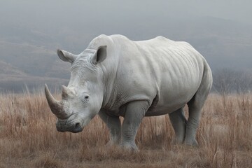 Obraz premium White rhinoceros stands amid grass in wildlife reserve, showcasing strength and grace during early morning light under a misty sky in its natural habitat