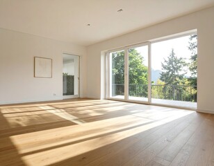 Obraz premium Sunlit Modern Empty Room with Wooden Floor and Large Windows Overlooking Green Trees