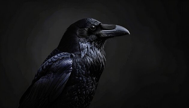 Close Up Of A Wet Black Raven Bird In Dark Moody Lighting With Water Droplets On Its Feathers Against A Blurred Dark Background - Powered by Adobe