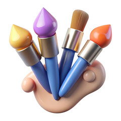 3d colorful paint brushes held in hand isolated on transparent background