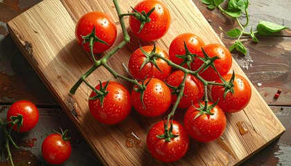Close Up Of Fresh Red Cherry Tomatoes On The Vine Sprinkled With Water Droplets Resting On A Wooden Cutting Board With A Rustic Distressed Wood Background And Green Herbs