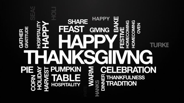 Happy Thanksgiving concept Animated Tag Word Cloud kinetic typography, Text Design Animation typography seamless loop video motion graphics Intro, Word Art Looping 4k white type on black bg backdrop 
