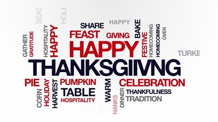Happy Thanksgiving concept Animated Tag Word Cloud kinetic typography, Text Design Animation typography seamless loop video motion graphics Intro, Word Art Looping 4k red blue type on white bg backdro - Powered by Adobe