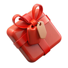 3d red gift box with ribbon and tag isolated on transparent background
