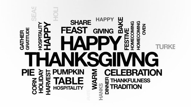 Happy Thanksgiving concept Animated Tag Word Cloud kinetic typography, Text Design Animation typography seamless loop video motion graphics Intro, Word Art Looping 4k black type on white bg backdrop 