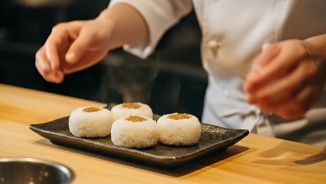 Sushi Chef Prepares Temari Sushi on Black Plate in Restaurant Setting