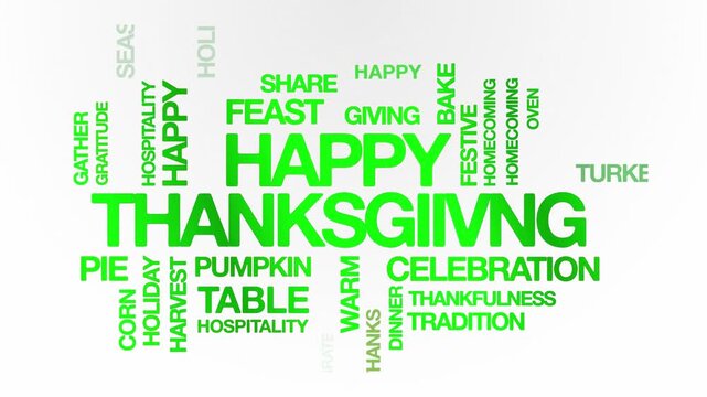 Happy Thanksgiving concept Animated Tag Word Cloud kinetic typography, Text Design Animation typography seamless loop video motion graphics Intro, Word Art Looping 4k green type on white bg backdrop 