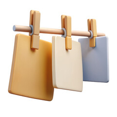 3d wooden clothespins holding blank cards isolated on transparent background