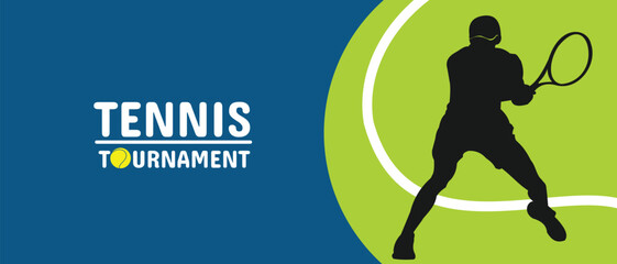 Tennis tournament background, silhouette of athlete holding racket. Simple and editable.