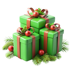 3d stack of green christmas gift boxes with red ribbons isolated on transparent background