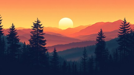Fototapeta premium Sunset and silhouettes of trees in the mountains