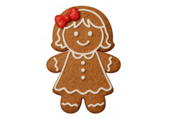 Gingerbread girl cookie with red bow and white icing, happy holiday baking treat, cutout on transparent background