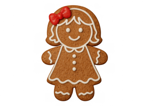 Gingerbread girl cookie with red bow and white icing, happy holiday baking treat, cutout on transparent background