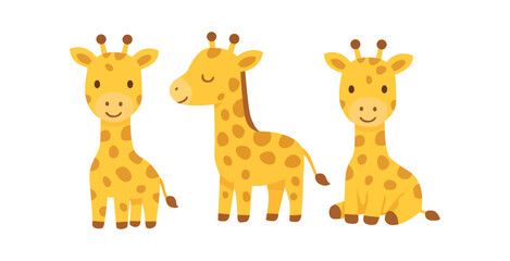 Three adorable yellow cartoon giraffes in various cute standing and sitting poses.