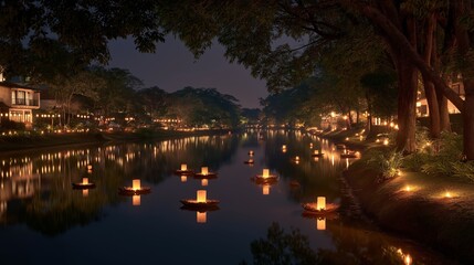 A serene night scene featuring a river illuminated by floating candles, surrounded by lush trees and softly lit buildings along the banks.