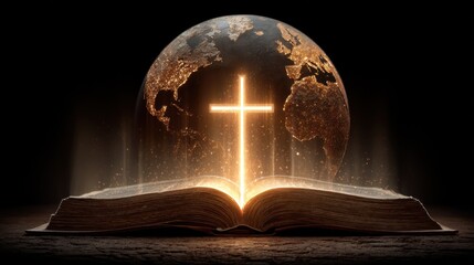 Illuminated Bible with Cross and Earth in the Background at Night