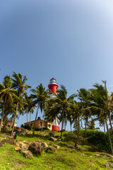 Red and White Striped Lighthouse Peeking Above Tropical Coconut Palm Trees