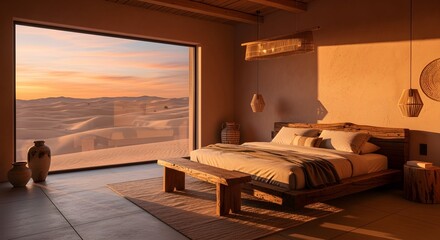 Serene desert bedroom bathed in warm sunset light, offering a peaceful escape with stunning panoramic views.