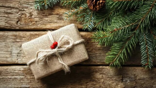 A burlap-wrapped gift with a twine bow and red berries lies beside evergreen branches and a pinecone on a rustic wooden surface