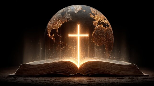 Illuminated Bible with Cross and Earth in the Background at Night