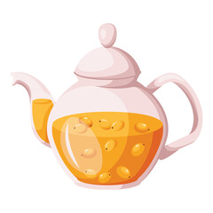 White Teapot With Yellow Tea And Orange Flavored Berries On Transparent Background