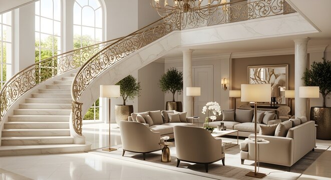 Luxurious grand staircase and elegant living room bathed in natural light, exuding opulence and sophistication.
