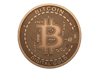 Golden Bitcoin Coin Digital Currency With intricate Details and the Words Bitcoin and Digital Gold inscribed on a Transparent Background