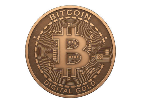 Golden Bitcoin Coin Digital Currency With intricate Details and the Words Bitcoin and Digital Gold inscribed on a Transparent Background