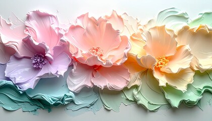 白を基調とした背景に、パステルカラーの絵の具（淡いピンク、ミントグリーン、ラベンダー、クリーミーイエローなど）を厚塗りし、立体的なテクスチャで花を描いたアート作品のクローズアップ