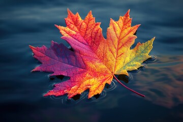 A vibrant maple leaf in shades of red, orange, and yellow floats serenely on a calm body of water, creating a beautiful autumn scene.
